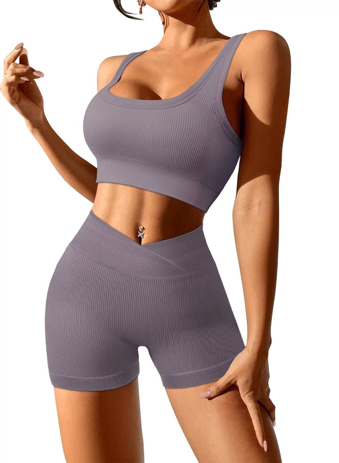 Womens Casual Two Piece Outfits Short Sets Summer Active Seamless Tracksuit High Waisted Yoga Shorts Crop Tank Top Set