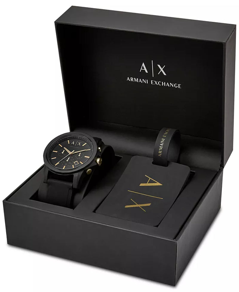 Men'S Chronograph Black Silicone Strap Watch 45Mm Gift Set